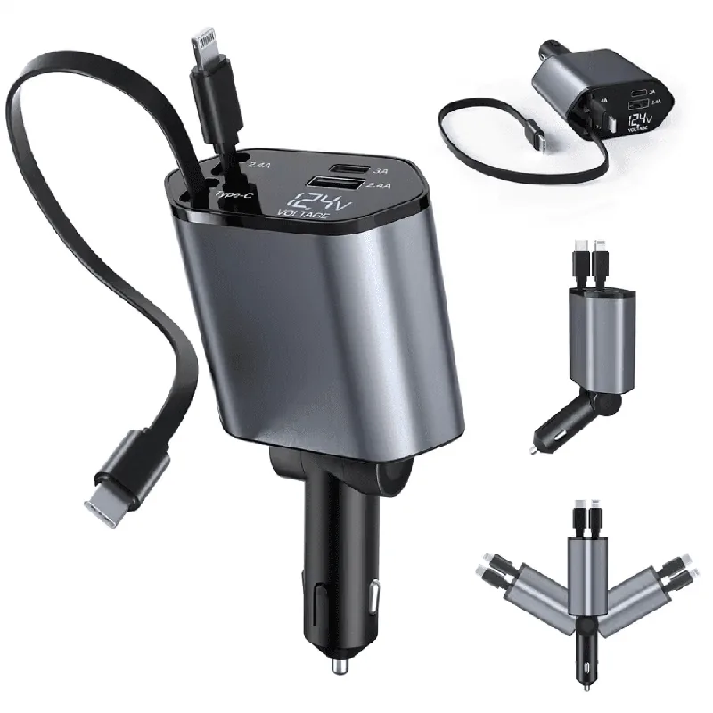 Chargeur Voiture Rétractable 4-en-1 – USB-C et Lightning, Gris