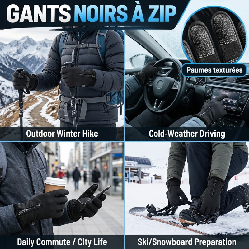 Gants Noirs à Zip et Paumes Texturées — photo 3