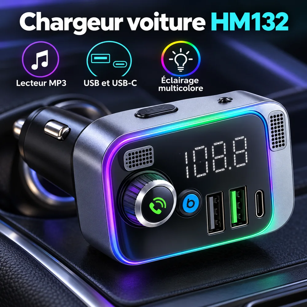 Chargeur Voiture HM132 avec Lecteur MP3, USB-C et LED Multicolores — photo 2