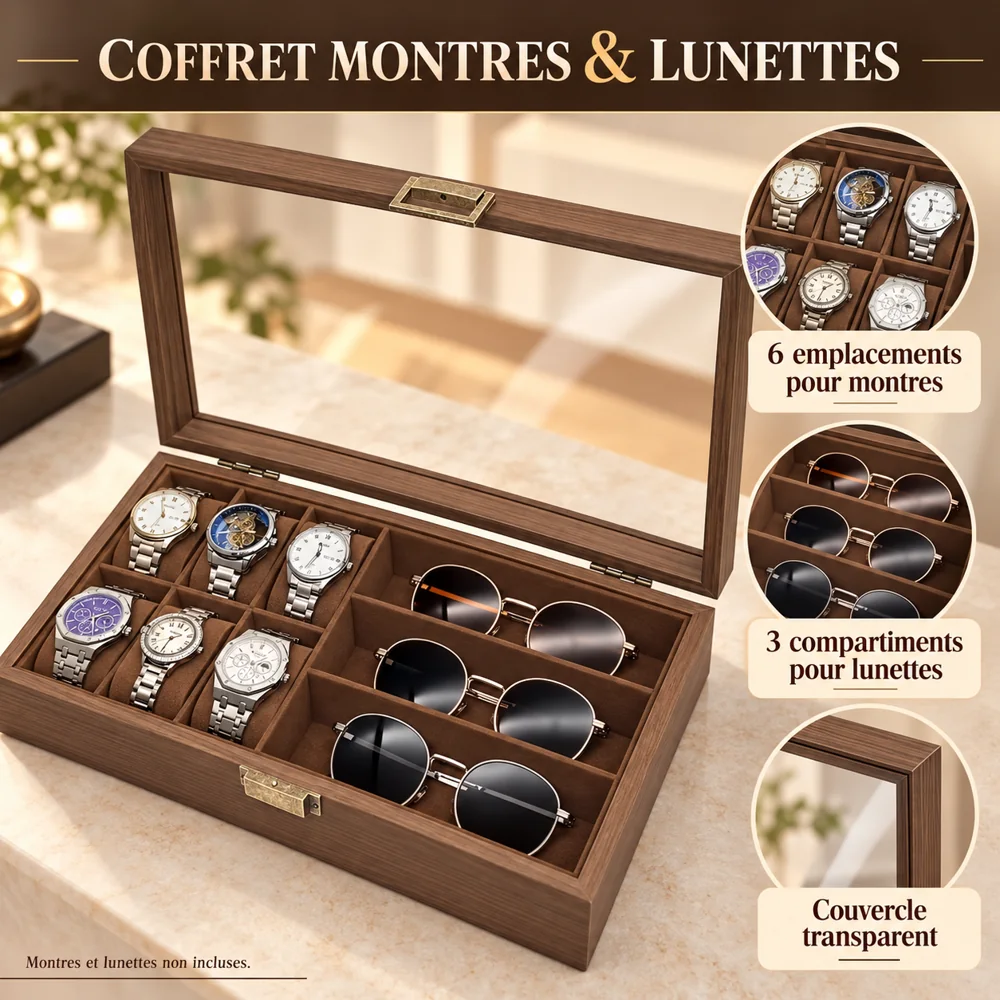 Coffret de Rangement pour 6 Montres et 3 Paires de Lunettes – Marron — photo 2