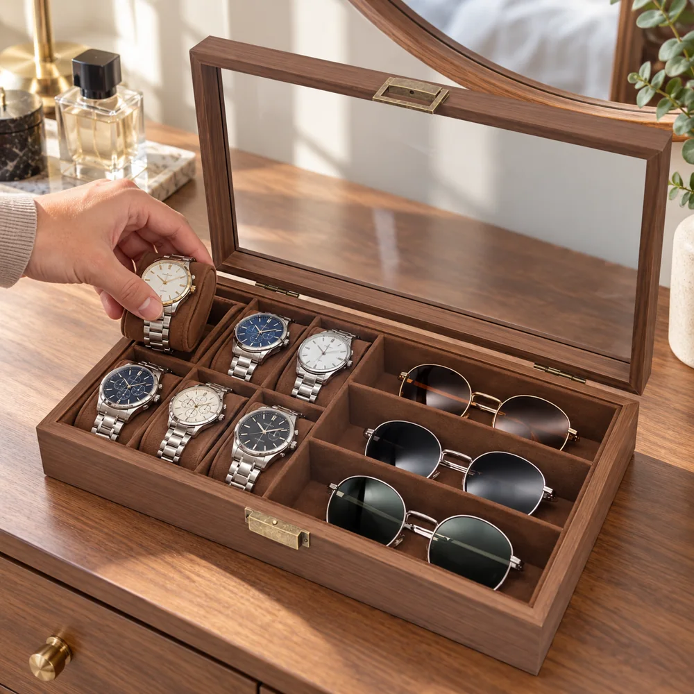 Coffret de Rangement pour 6 Montres et 3 Paires de Lunettes – Marron — photo 3