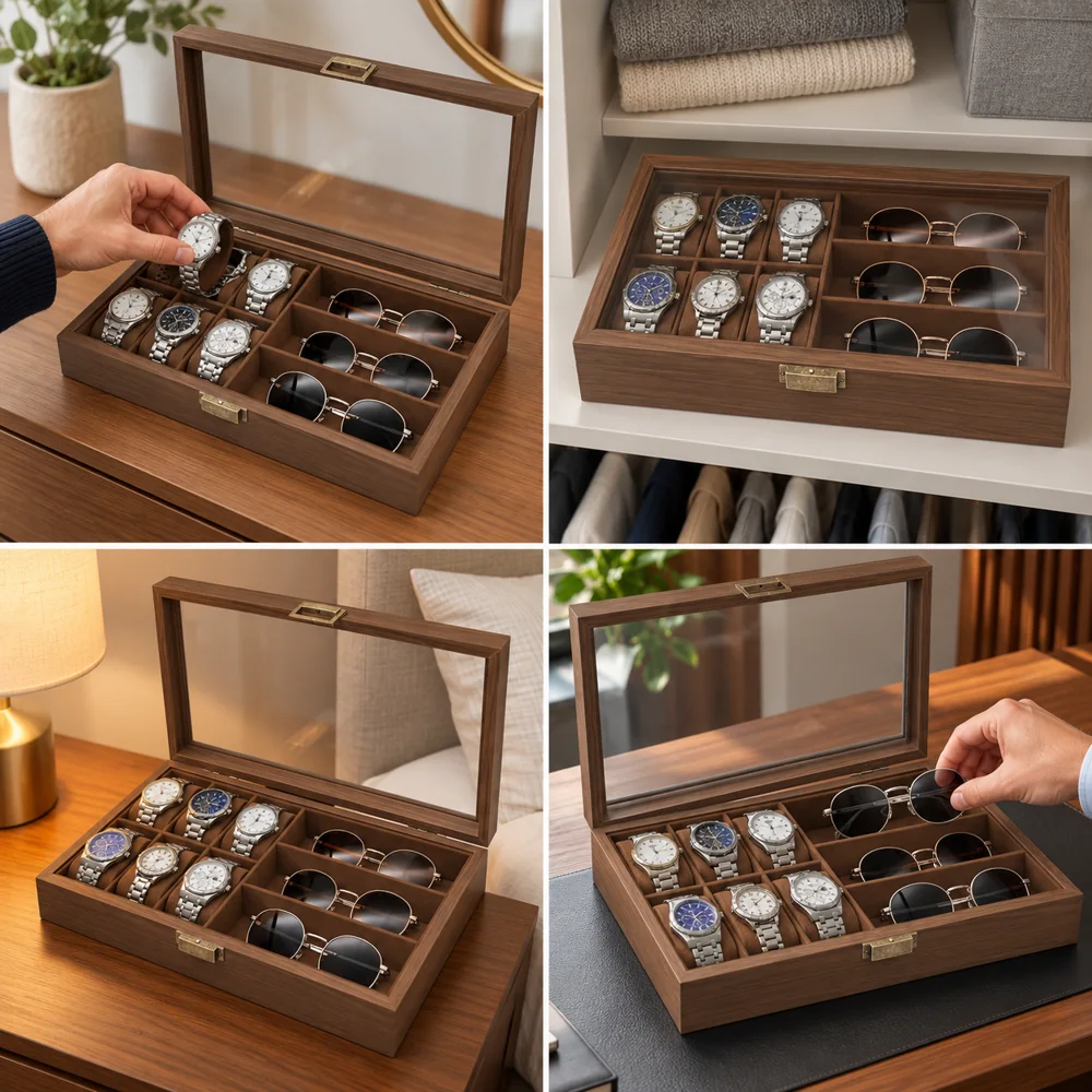 Coffret de Rangement pour 6 Montres et 3 Paires de Lunettes – Marron — photo 4
