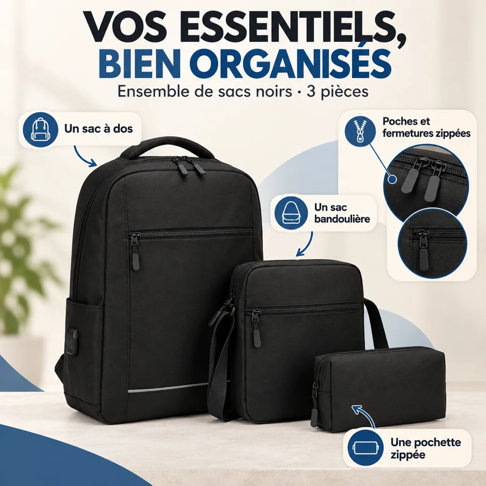 Ensemble de Sacs Noirs 3 Pièces – Sac à Dos, Bandoulière et Pochette — photo 2