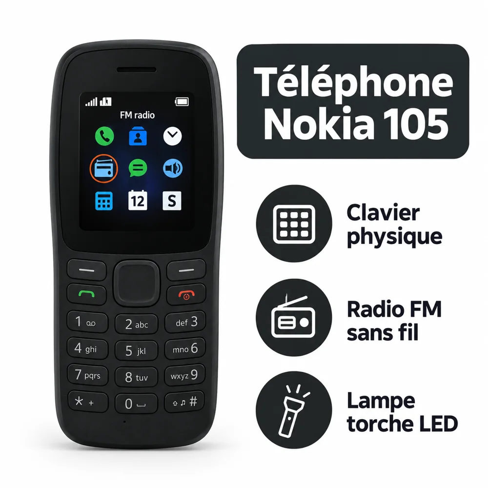 Téléphone Nokia 105 – Noir avec Radio FM et Lampe Torche LED — photo 2