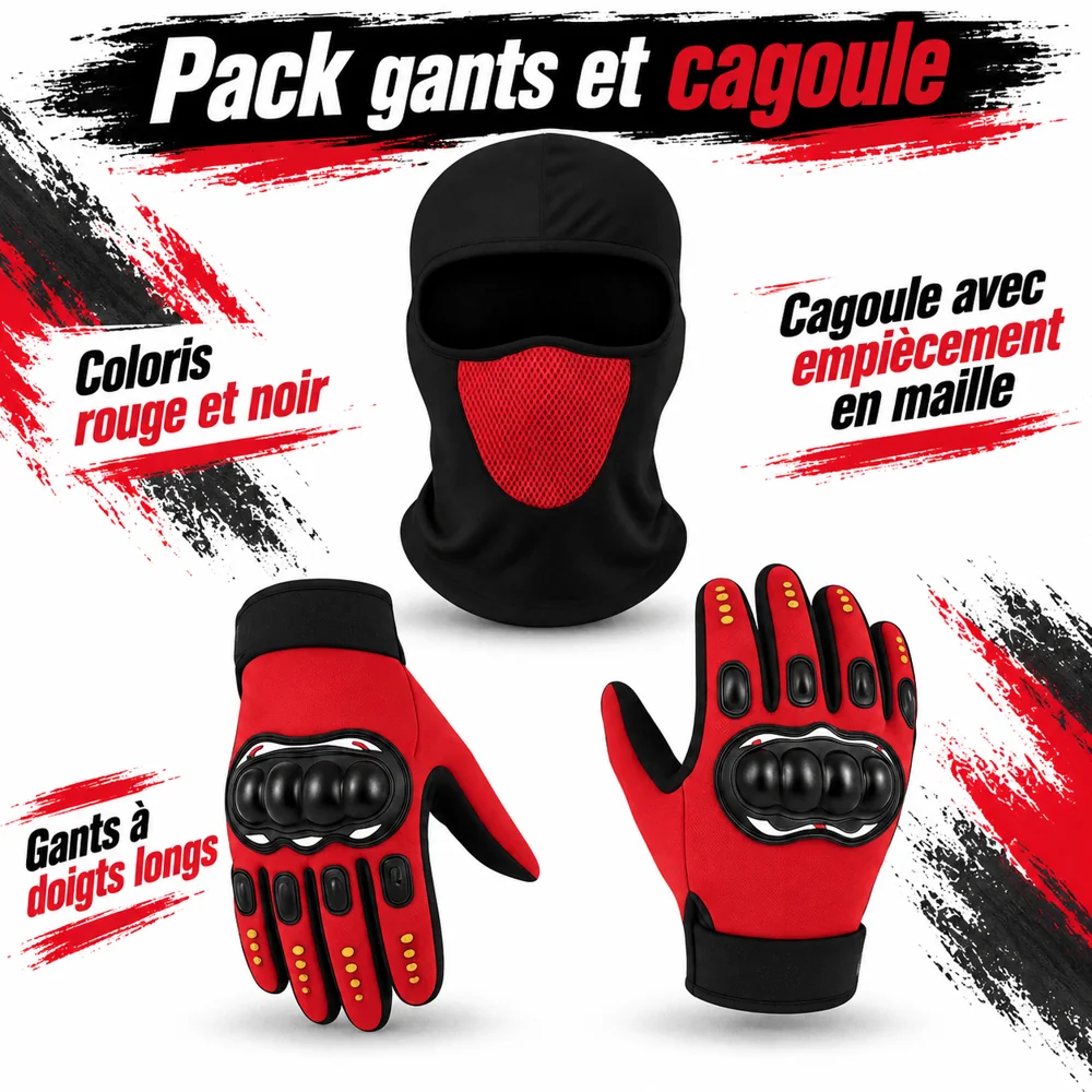 Pack Moto Gants à Coques et Cagoule – Rouge et Noir — photo 2