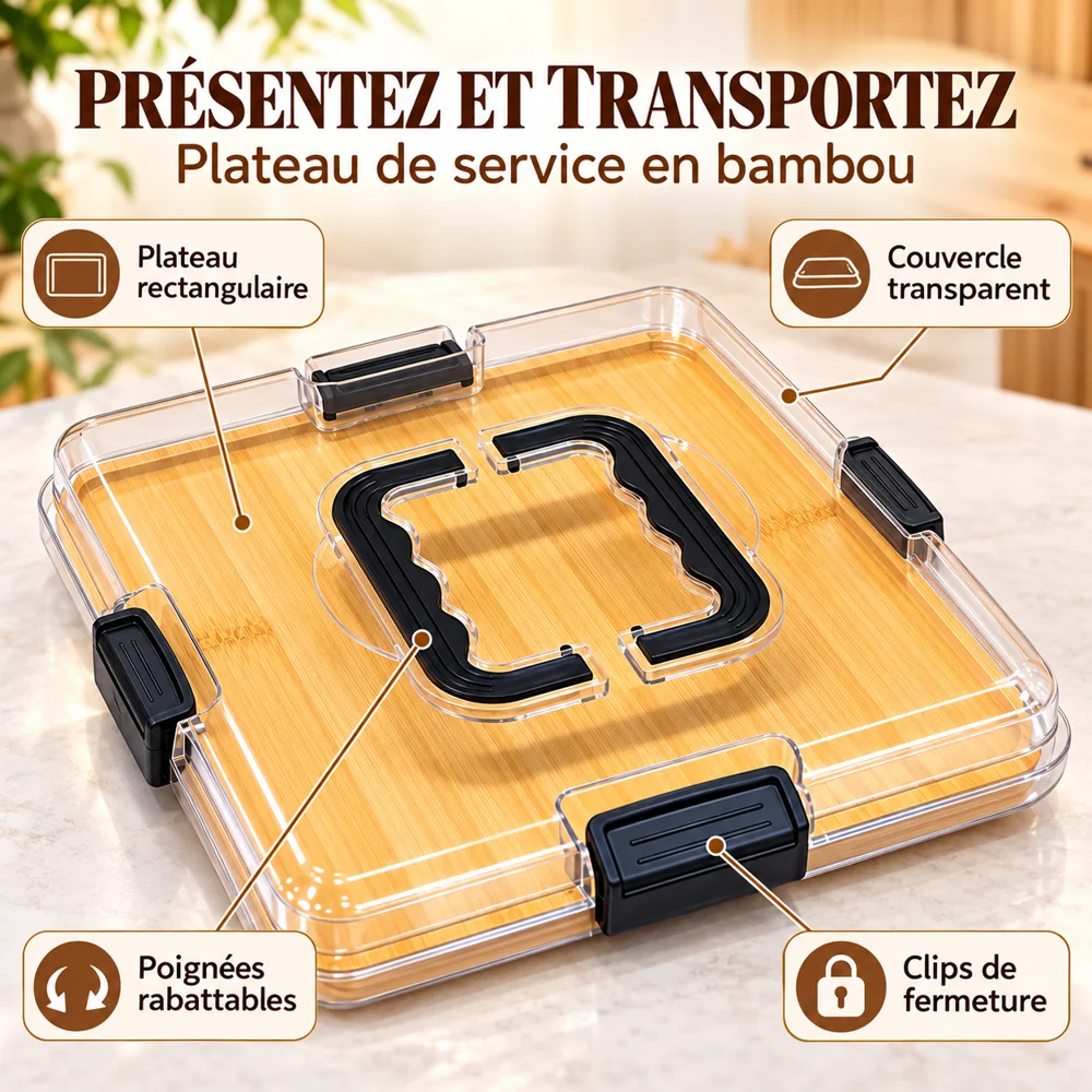 Plateau Rectangulaire en Bambou avec Couvercle et Poignées — photo 2