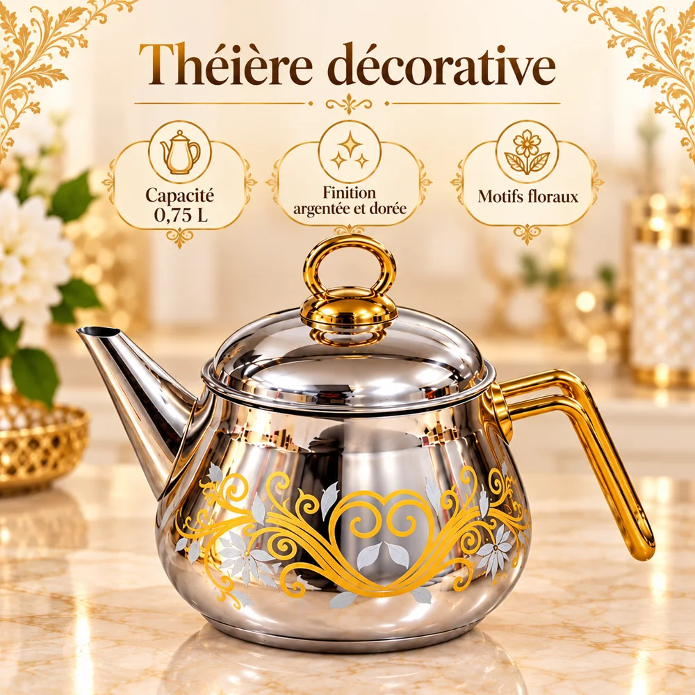 Théière Décorative 0,75 L – Finition Argentée et Motifs Dorés — photo 2