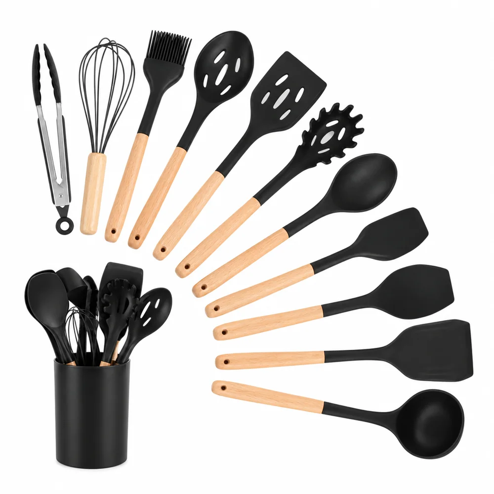 Set d’Ustensiles de Cuisine 12 Pièces – Silicone Noir et Bois avec Pot — photo 1