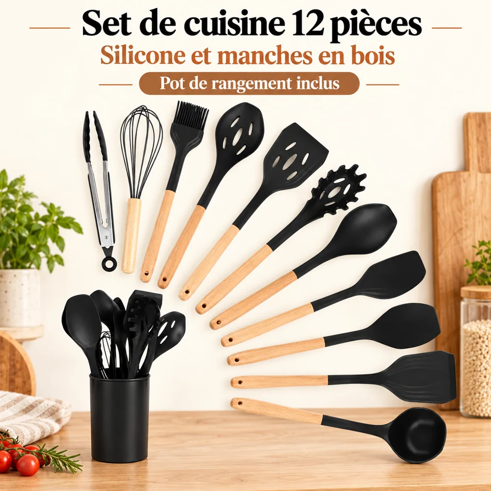 Set d’Ustensiles de Cuisine 12 Pièces – Silicone Noir et Bois avec Pot — photo 2