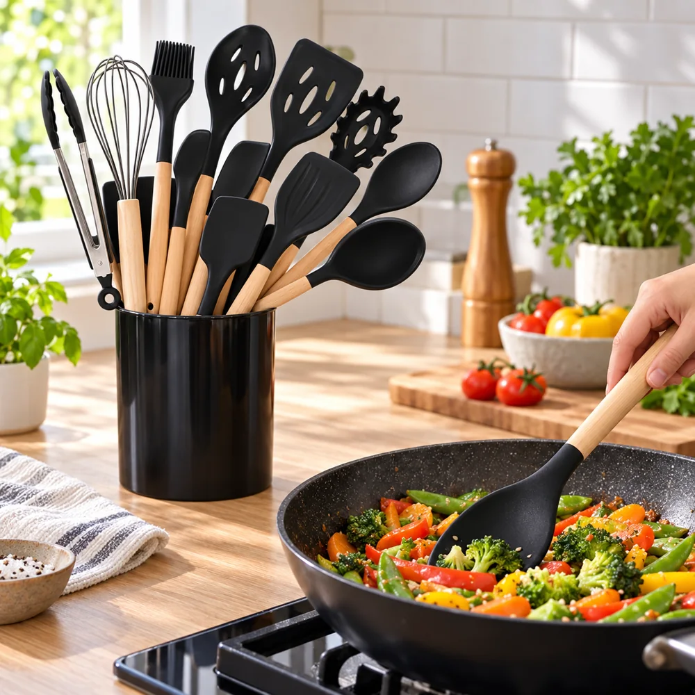 Set d’Ustensiles de Cuisine 12 Pièces – Silicone Noir et Bois avec Pot — photo 3