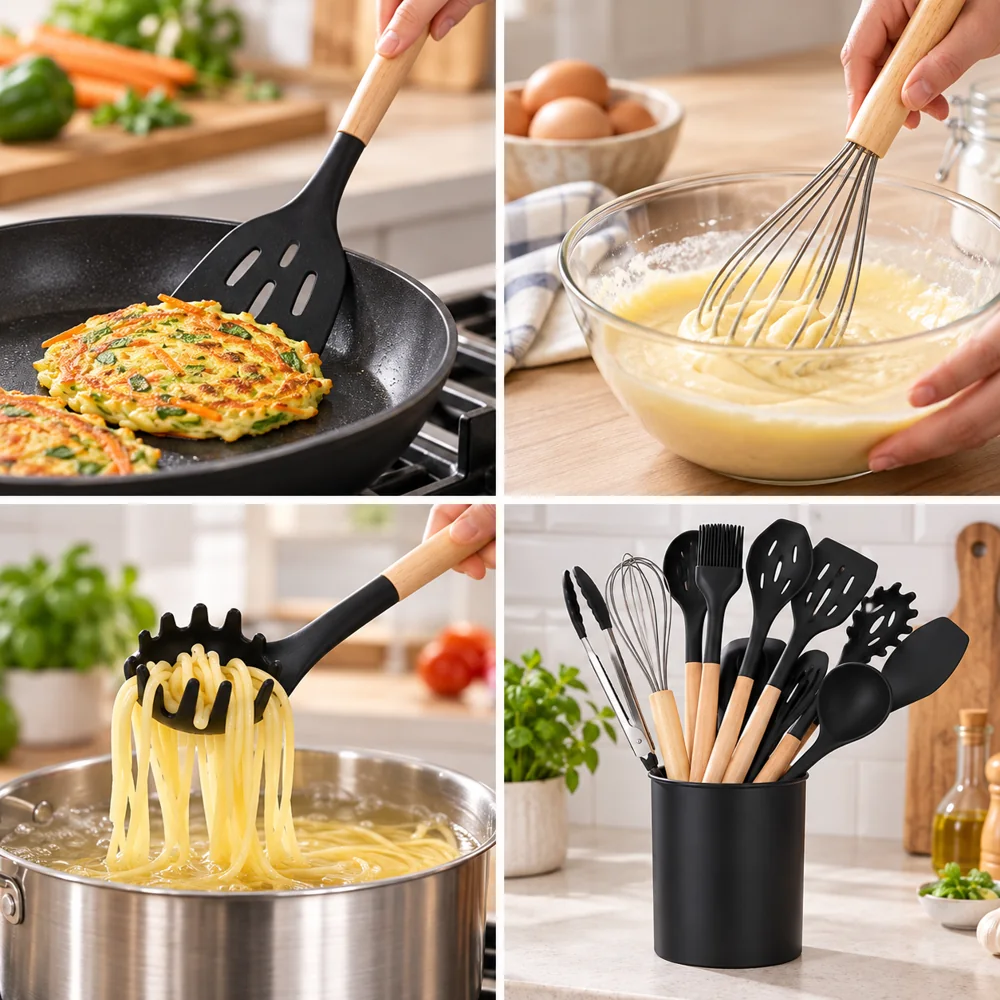Set d’Ustensiles de Cuisine 12 Pièces – Silicone Noir et Bois avec Pot — photo 4